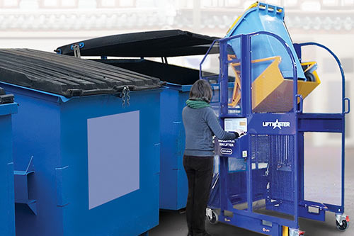Liftmaster's Simplicity Plus bin lifter and tipper has a lift-and-tilt motion